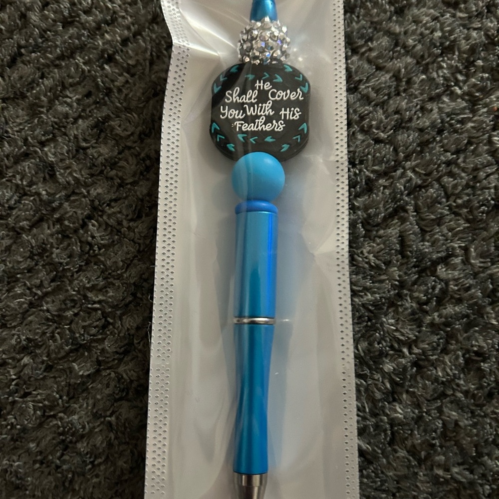 Hand Crafted Blue Prayer Bead Pen - 'He Shall Cover You With His Feathers'